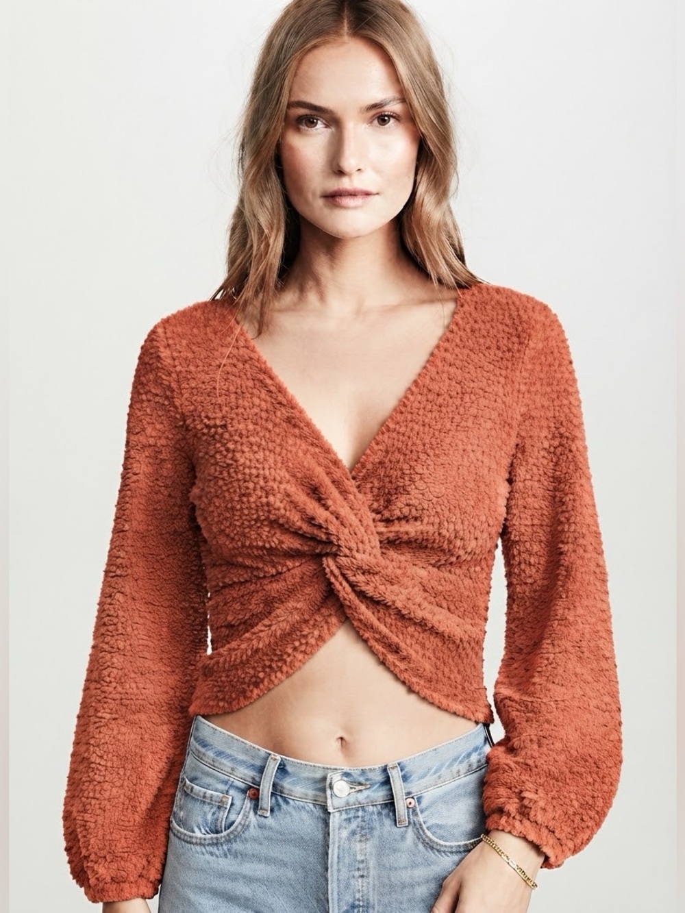 Altar’d State Rust Orange Fuzzy Chenille Textured Twist Front Crop Sweater Mediu